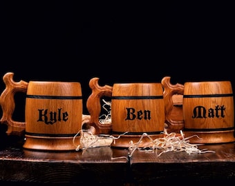 Wooden Beer Mugs Set Of 3 5 7 9, Wooden Tankard Set, Engraved Beer Mugs, Wooden Mug Set 12, Custom Groomsmen Set, Groomsmen Gifts Set