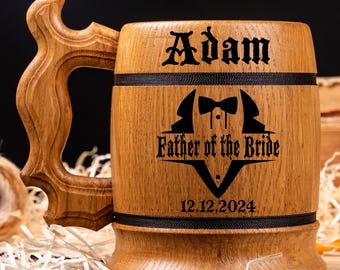 Father of the Bride Gift from Daughter Personalized Mugs Wedding Gifts Custom Engraved Beer Mugs, Wooden Tankard