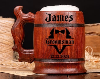 GROOMSMEN GIFTS Personalized Wooden Beer Mug, Best Man Gift Ideas, Groomsmen Proposal, Groom Gift from Bride, Wooden Beer Stein, Tankard