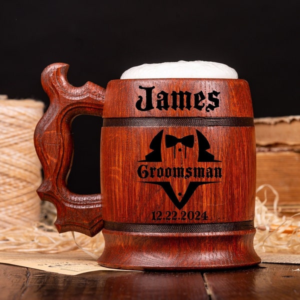 REGALOS DE GROOMSMEN Taza de cerveza de madera personalizada, Ideas de regalos para el padrino, Propuesta de padrinos, Regalo del novio de la novia, Stein de cerveza de madera, Tankard