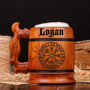 Personalized Viking Beer Mug, Viking Wooden Stein, Nordic Ornaments, Viking Compass Mug, Viking Runes, Runic Compass, Nordic Tankard