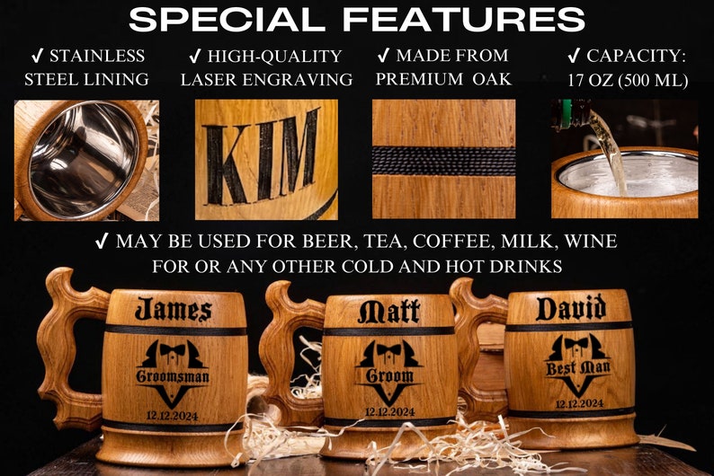 GROOMSMEN GIFTS Personalized Wooden Beer Mug Set Best Man Gift Ideas Groomsmen Proposal Gift from Bride