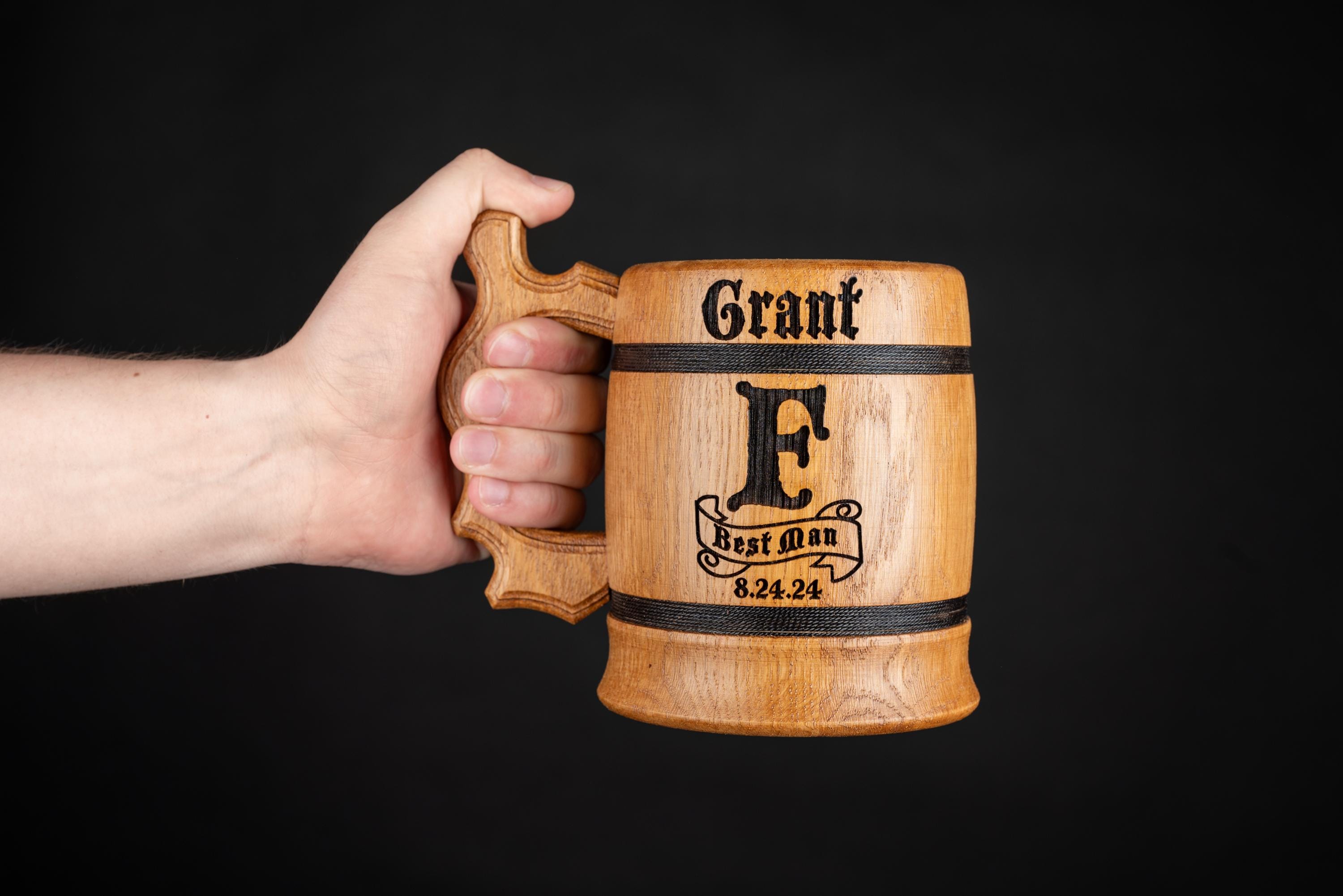 Personalized Wooden Beer Mug – Custom Engraved Name Or Text, 18 Oz Stainless Steel Lined Mango Wood Stein