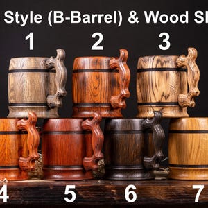 May include: Seven wooden barrel-style mugs labeled 1 through 7, featuring various wood grain shades and textures. Each mug has a curved handle and two horizontal black bands. The text 'Mug Style (B-Barrel) & Wood Shade' appears at the top.