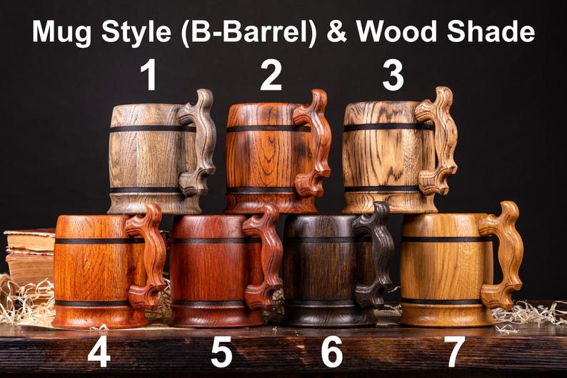May include: Seven wooden barrel-style mugs labeled 1 through 7, featuring various wood grain shades and textures. Each mug has a curved handle and two horizontal black bands. The text 'Mug Style (B-Barrel) & Wood Shade' appears at the top.