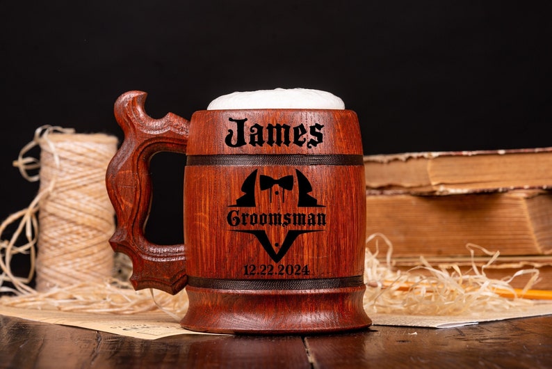 GROOMSMEN GIFTS Personalized Wooden Beer Mug, Best Man Gift Ideas, Groomsmen Proposal, Groom Gift from Bride, Wooden Beer Stein, Tankard image 1