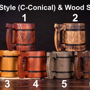 May include: Six conical wooden mugs labeled 1 through 6, featuring distinct wood grain patterns and shades ranging from light tan to dark brown. Each mug has a thick handle and two horizontal black bands. Text reads: Mug Style (C-Conical) & Wood Shade.