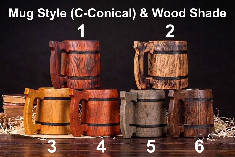 May include: Six conical wooden mugs labeled 1 through 6, featuring distinct wood grain patterns and shades ranging from light tan to dark brown. Each mug has a thick handle and two horizontal black bands. Text reads: Mug Style (C-Conical) & Wood Shade.