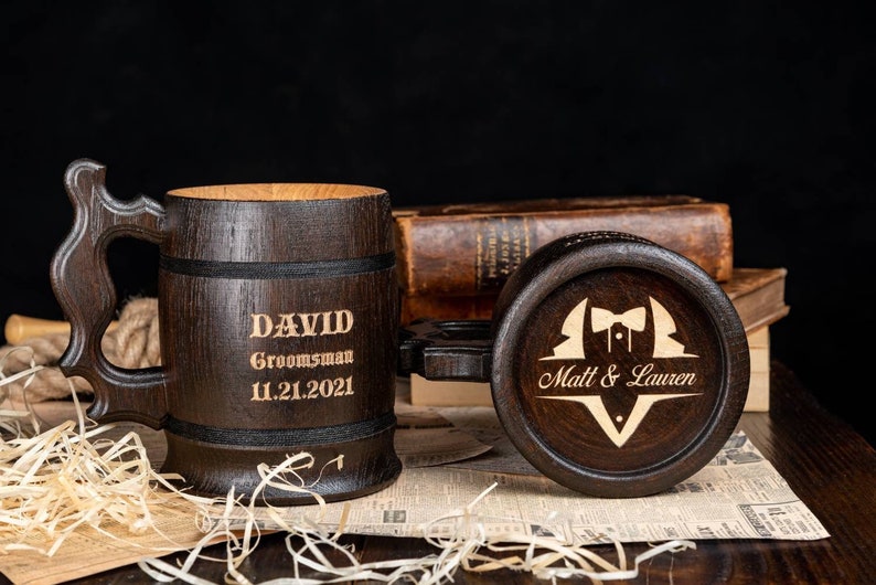 GROOMSMEN GIFTS Personalized Wooden Beer Mug Best Man Gift image 1