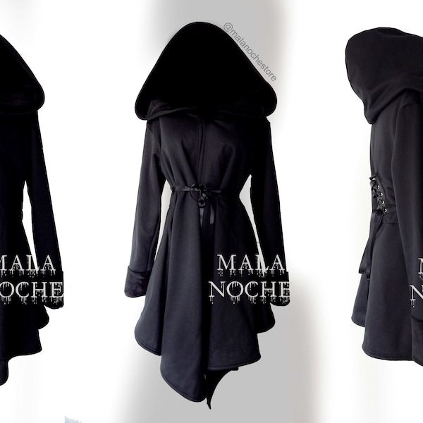 Cardigan Gris Negro, cárdigan gótico, capucha oversize, abrigo borroso, oscuro, abrigo gótico, capa larga, capa con capucha