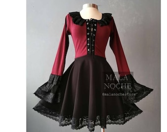 Dress Georgina, redwine dress, cotton dress, lace dress, gothic clothing, women dress, gothic dress, dark, goth clothing, victorian dress