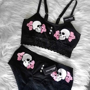 Lingerie Skull & Roses, goth, gothic clothing, gothic lingerie, skull clothing, panty skull, top skull, goth, dark, lingerie, lingerie set