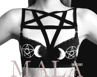 Set Triple goddess, bra wicca, dark lingerie, goth lingerie, dark lingerie, wicca, witch lingerie, pentagram top, triple goddess, moon top