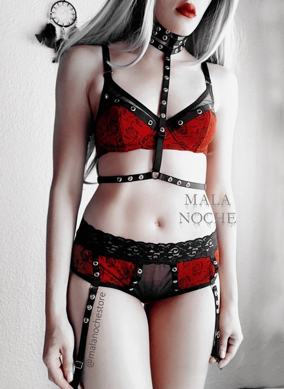 BRA Red Bondage, Gothic Lingerie , Body Harness, Red Lingerie