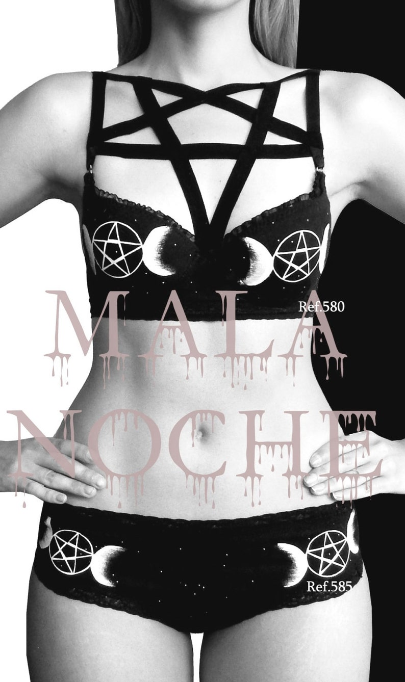 Set Triple goddess, bra wicca, dark lingerie, goth lingerie, dark lingerie, wicca, witch lingerie, pentagram top, triple goddess, moon top image 1