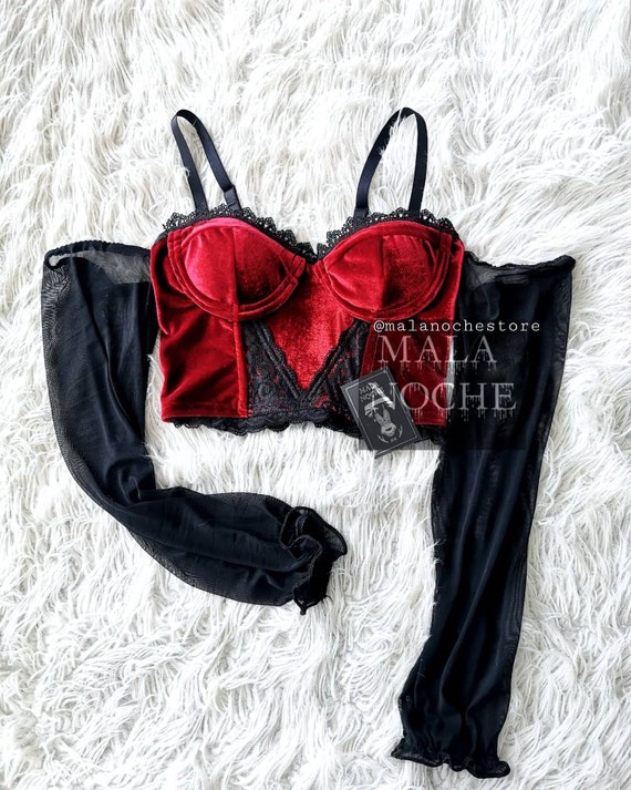 Buy Bustier Escarlata , Velvet Bra, Victorian Bustier, Red Crop