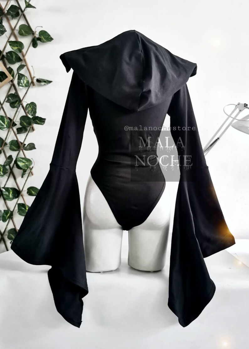 Bodysuit Black Gothic Bell Sleeves Bodysuit Goth Cotton Etsy