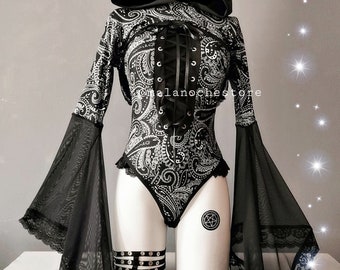 Bodysuit Persephone, Bodysuit, Gothic, Gothic-Dessous, Umhang, Tunika, Umhang, Rave-Kleidung, Dessous, Mesh-Top, Bodysuit, Festival-Kleidung