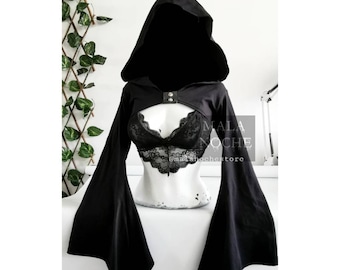 Crop Snow Black ,  Bralette Lilith, crop top,  goth,  gothic,  dark clothing, oversize hood, crop hood, lace top, gothic Shirt, bell sleeves