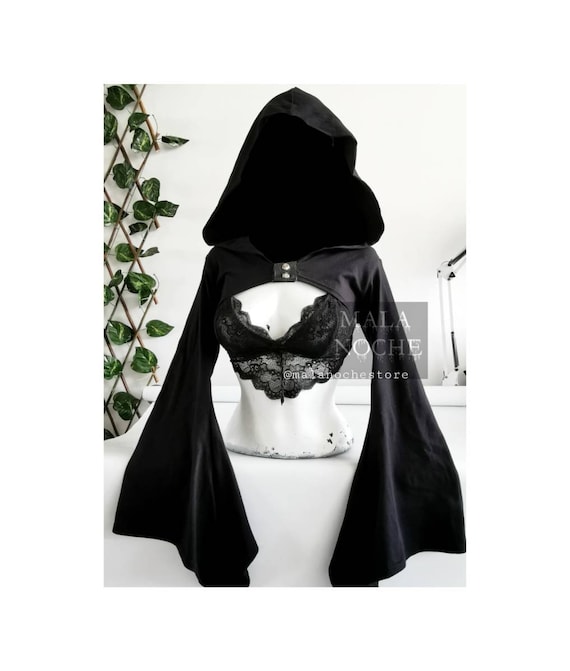 Crop Snow Black , Bralette Lilith, Crop Top, Goth, Gothic, Dark Clothing,  Oversize Hood, Crop Hood, Lace Top, Gothic Shirt, Bell Sleeves 