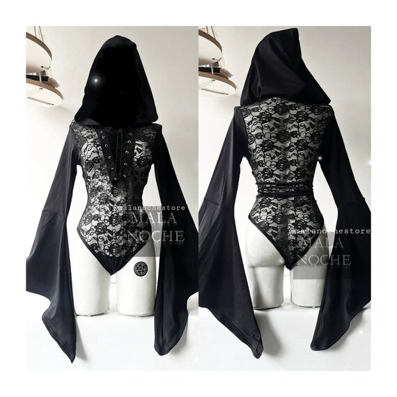 Bodysuit Gothic Lace Bell Sleeves Bodysuit Goth Cotton Etsy
