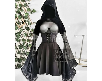 Dress goth, faux leather corset, Underwire, corset underbust, faux leather, mesh top, hood, gothic hoodie, witchy, velvet, women dress, cape