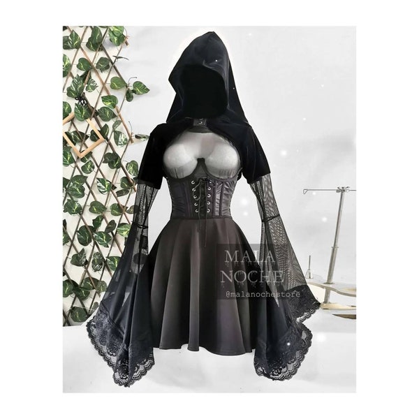 Dress goth, faux leather corset, Underwire, corset underbust, faux leather, mesh top, hood, gothic hoodie, witchy, velvet, women dress, cape