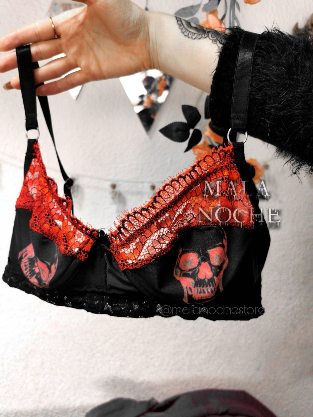 Black With White Skeleton Hands Pattern Punk Gothic Bras For Women