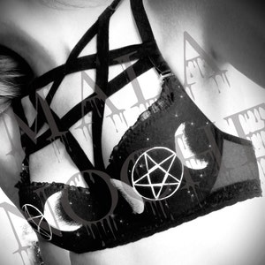 Set Triple goddess, bra wicca, dark lingerie, goth lingerie, dark lingerie, wicca, witch lingerie, pentagram top, triple goddess, moon top image 2