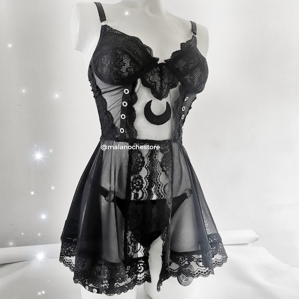 Babydoll, Moon, gothic lingerie, moon top, mesh bralette, luxury lingerie, mesh panty, mesh bralette, moon, gothic, goth, women lingerie