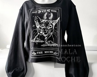 Crop hoodie The Michi , crop top, goth, gothic, dark, gothic clothing, witchy, witch clothing, black hoodie, cat top, cat shirt, tarotcard