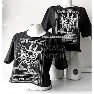 Crop top Michi, top de gato, estampado de tarot, crop top gótico, top gótico, crop top negro, top gótico, camiseta, blusa de gato, crop top de algodón, top negro