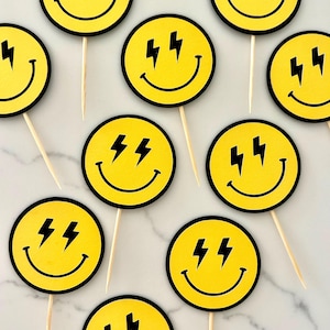 Lightning Smiley Cupcake Toppers | One Happy Dude | Set of 12 | Smiley Face Food Picks
