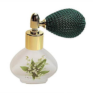 Elegant Perfume bottle with Floral pattern and squeeze bulb spray mounting.