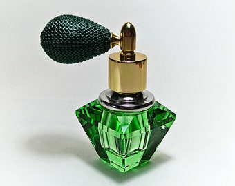 Genuine Lead Hand Made Crystal Perfume Bottle In Green (Emerald) Coloured With Green Bulb Spray Mounting.