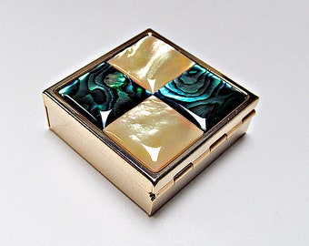 Compact Pill Box Made With Beige And Green Combined Mother Pearl Shell For Pills and Small Jewelrys.