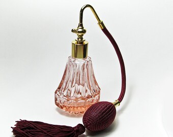 Light Red Crystal Glass Perfume Bottle With Burgundy (Wine) Bulb And Tassel Spray Mounting.