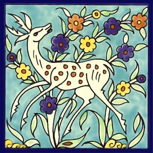 May include: Square ceramic tile featuring a deer design. The white deer with brown spots is set against a light blue backdrop with colourful flowers and green leaves. It has a dark blue border.
