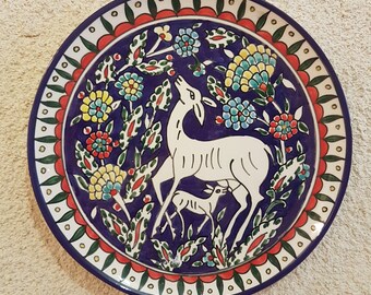 Hand-Painted Ceramic Plate – Mother Deer Fawn Cobalt Blue Armenian Pottery Jerusalem Wall Decor