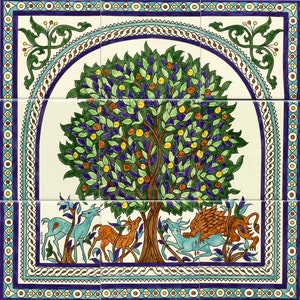 May include: Hand-painted ceramic tile set featuring a vibrant tree with green leaves, purple and orange fruit, and a detailed border. The scene includes deer and a lion. The tiles are arranged in a square format, showcasing a decorative, artistic design.