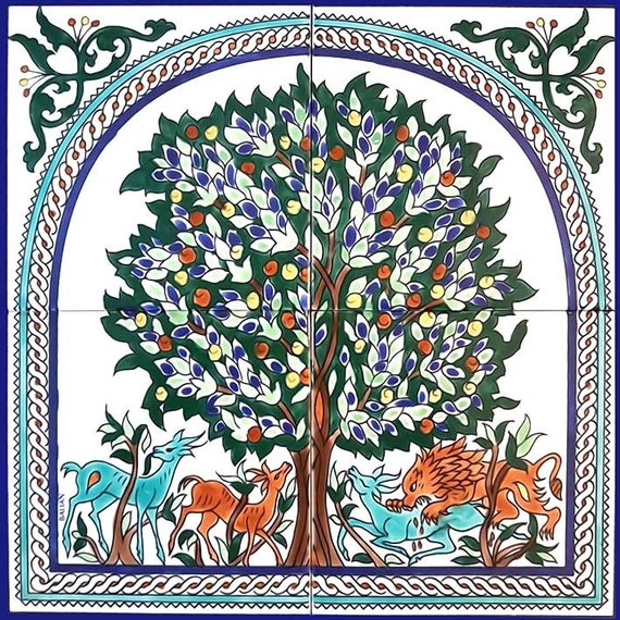 Tree of Life Ceramic Tile Mural 30x30cm - Armenian Pottery Jerusalem Wall Art Gift