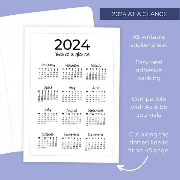 2024 Jaar in één oogopslag Volledige pagina stickervel - Grote dagboeksticker - 2024 Toekomstige logsticker