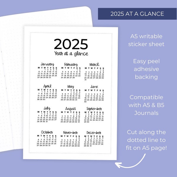 2025 Jaar in één oogopslag Volledige pagina stickervel - Grote dagboeksticker - 2024 Toekomstige logsticker