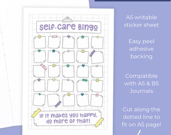 Self Care Bingo - Full Page Sticker Sheet - Large Journal Sticker - Self Care, Bingo Themed Log.