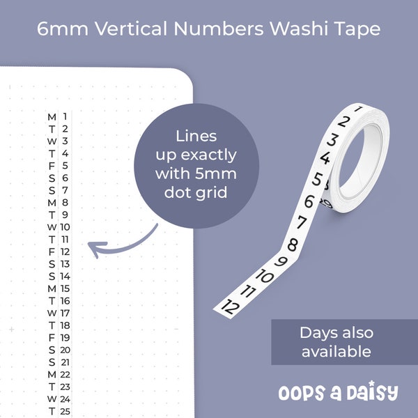 Numeri verticali - Nastro Washi sottile - Nastro Washi con numeri/mensile/pianificazione