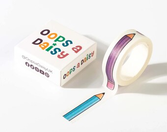 May include: A roll of white washi tape featuring a repeating pattern of colourful cartoon pencils in shades of purple and blue. The tape is accompanied by a square white box labelled with the text Oops a Daisy and social media handles.