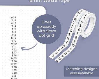 Weißes Washi Tape 6 mm vertikal mit Tagen und Zahlen