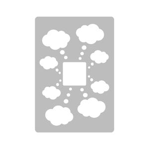 May include: A gray rectangular stencil featuring white cloud shapes and thought bubbles radiating from a central square. The design is simple and graphic, suitable for various craft projects.