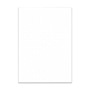 May include: A white rectangular sheet of paper featuring a subtle dot grid pattern. The evenly spaced dots provide a guide for writing or sketching. The paper is clean and unmarked, ideal for bullet journaling, note-taking, or other creative applications.