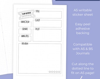 Film Review - Full Page Sticker Sheet - Large Journal Sticker - Features a log to review your favourite films.